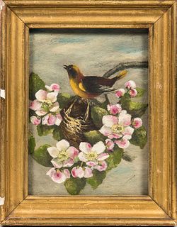 American School, 20th Century Bird with Apple Blossoms. Unsigned, partial label from Chas. J. Edmands, Boston, affixed to the stretcher