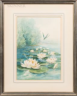 Emily Selinger (American, 1848-1927) Waterlilies. Signed "Emily Selinger." l.r. Watercolor on paper/board, sight size 16 1/4 x 11 1/4 i