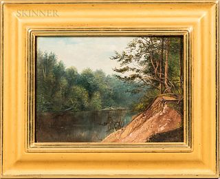 Daniel Kotz (American, 1848-1933) Two Wooded Landscapes: Riverbank and Water Bucket. Both signed or inscribed "DANIEL KOTZ" on the reve