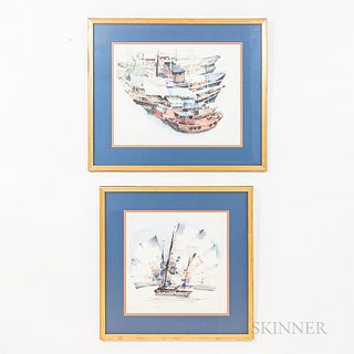 Two Aquatint Prints, Japan, 20th century, depicting fishing boats with sails, one numbered "36/1000," the other "228/1000," titled in J