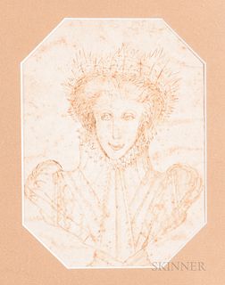 Continental School, 16th Century Style  Drawing of an Unknown Queen, Perhaps Mary Queen of Scots.  Unsigned.  Pen and brow...