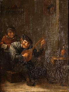 Manner of Adriaen Brouwer (Flemish, c. 1605-1638)  Allegory of Hearing: Peasant Playing a Lute.  Unsigned.  Oil on canvas...