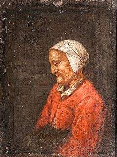 Dutch School, 17th Century Style  Profile of an Old Woman in Red with a White Cap.  Possible faint signature l.l.  Oil on...