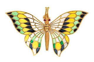 An 18 Karat Yellow Gold, Ruby and Enamel Plique-a-Jour Butterfly Brooch, Spain, 6.00 dwts.
