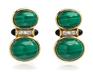 A Pair of Yellow Gold, Malachite, Onyx and Diamond Earclips, 8.90 dwts.
