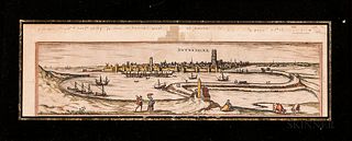 Three Framed Historical Engravings: Antique Map of Dordrecht, with hand-coloring, image size 5 x 19 3/16 in.; Daniel Marot the Elder (F