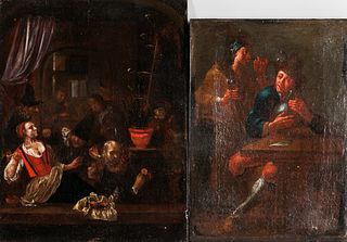 Dutch School, 17th Century Style Three Unframed Tavern Scenes. All unsigned. Two oil on panel, one oil on canvas, sizes to 15 3/4 x 12