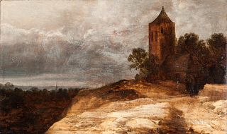 Dutch School, 17th Century Style Landscape with Hilltop Tower and Two Figures Under a Gray Sky. Unsigned. Oil on panel, 8 7/8 x 14 3/4