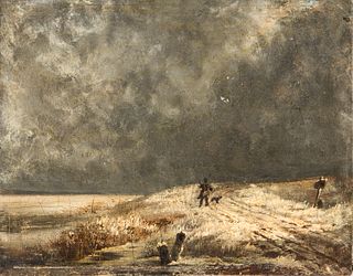 Dutch School, 17th Century Style Two Small Oils: Vessels by the Shore and Snowy Landscape with Hunter and Dog. Snowy Landscape with fai