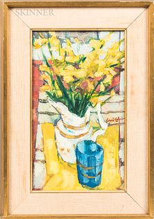 Gerard Calvet (French, b. 1926) Genets dans un vase bleu. Signed l.r., titled on the stretcher. Oil on canvas, 16 x 9 1/2 in., framed.