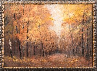 Sandor Horvath (Hungarian, 20th Century) Tree-lined Path. Signed and dated "HORVATH SANDOR/1918" l.l. Oil on board, 23 1/2 x 33 in., fr