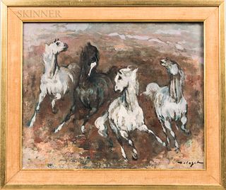 Denis Holeget (Italian, 20th Century) White Horses. Signed "Holeget" l.r. Oil on canvas, 18 x 22 in., framed. Condition: Minor varnish