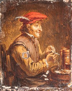 Dutch School, 17th Century Style Three Tavern Scenes: Man in Red Cap Filing His Pipe, Jovial Friends at a Table, and Smokers Gathered N