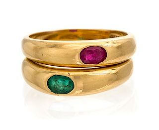A Collection of 14 Karat Yellow Gold, Emerald and Ruby Bands, 4.70 dwts.