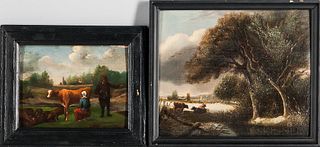 Dutch School, 19th Century Two Scenes: Milkmaid with Cow and Pigs and Landscape with Cows at Rest by the Waterside. Both unsigned. Both