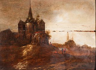 Dutch School, 17th Century Style Landscape with Church and Distant Spires. Signed indistinctly "P. Schol..." l.c. Oil on panel, 15 x 21