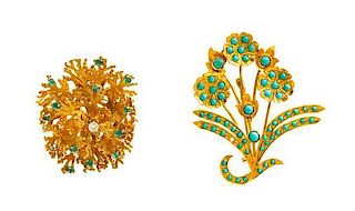 A Collection of Yellow Gold, Emerald, Diamond and Turquoise Brooches, 20.80 dwts.