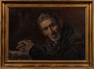 European School, 19th Century Man with Clasped Hands. Signed indistinctly "Sk...t... K" l.r. Oil on canvas, 17 1/2 x 25 1/2 in., framed