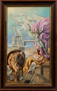 Antonio Perez Cardenal (Spanish, 1921-2008) Past and Future. Signed "A.P. CARDENAL" l.r. Oil on board, 23 1/2 x 13 1/4 in., framed. Con