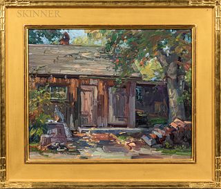 Mike Graves (American, b. 1952) Barrel Shed at Strawberry Bank. Signed "Mike Graves" l.l. Oil on canvas, 16 x 20 in., in a Paul Carter