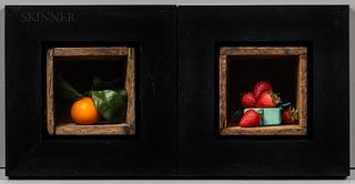 Sean Beavers (American, b. 1970) Two Framed Still Lifes of Fruit: Strawberries and Clementine. Both initialed "S" l.r. Oil on board, bo
