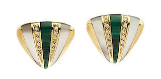 A Pair of Yellow Gold, Malachite, Mother-of-Pearl and Diamond Earclips, 9.20 dwts.