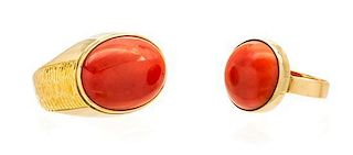 * A Collection of 14 Karat Yellow Gold and Coral Rings, 8.50 dwts.