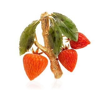 A 14 Karat Yellow Gold, Coral and Nephrite Jade Stawberry Motif Brooch, 13.00 dwts.
