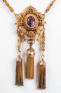 Antique 14K Yellow Gold & Amethyst Tassel Necklace
