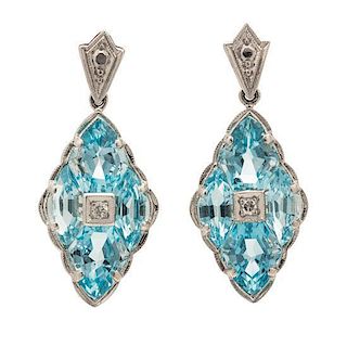 A Pair of White Gold, Blue Topaz, and Diamond Earrings 3.90 dwts.