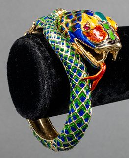 14K Gold Ruby & Enamel Snake Bangle Bracelet