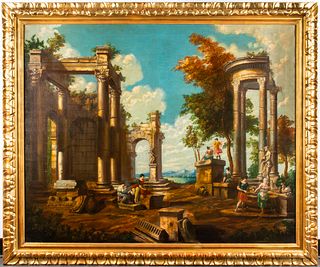 "Roman Capriccio" Antique Italian Oil on Canvas