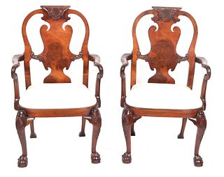 George II Manner Carved Mahogany Armchairs, Pair