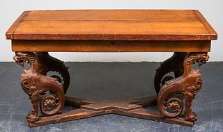 Carved Chimera / Dragon Library Table with Oak Top