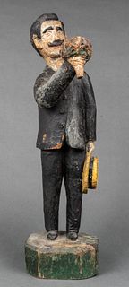 Carved Wood "Man with Bouquet & Hat" Sculpture