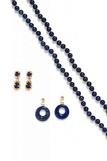 A Collection of Yellow Gold and Lapis Lazuli Jewelry, 11.10 dwts.