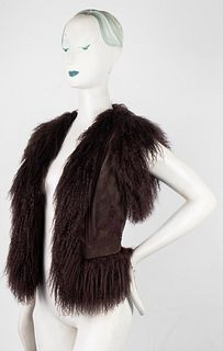 Brown Embroidered Suede And Lamb Fur Vest