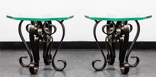 Scrolled Metal & Glass Top Side Tables, Pair