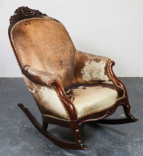 American Rococo Revival Oak And Hide Rocking Chair