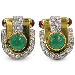 David Webb Platinum & 18K Gold Cabochon Ruby, Emerald and Diamond Clip Earrings