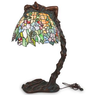 E. Thomasson Bronze Figural Stained Glass Lamp