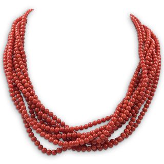 Beaded Coral and Sterling Necklace