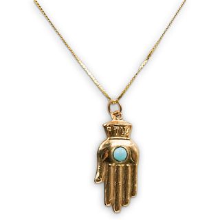14k Rose Gold and Turquoise Hamsa Pendant Necklace