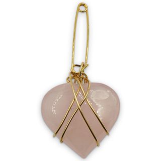 Gold and Carved Rose Quartz Heart Pin