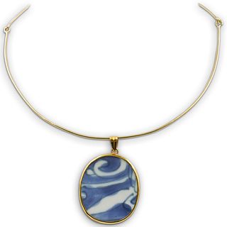 14k Gold, Blue and White Porcelain Necklace