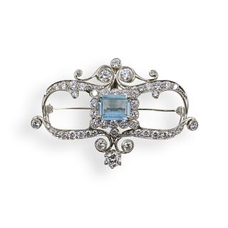 Art Deco Platinum, Aquamarine and Diamond Brooch