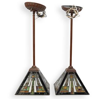 (2 Pc) Quoizel "Frank Lloyd Wright" Style Stained Glass Pendant Lamps