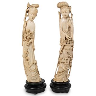 Pair Of Carved Bone Guan Yin Figures