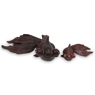 (2 Pc) Antique Chinese Carved Wood Goldfish