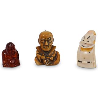 (3 Pc) Chinese Carved Bone and Amber Netsukes